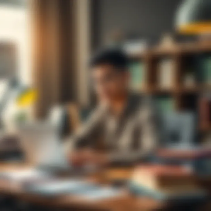 A person sitting at a desk with books and a laptop, looking focused and organized, surrounded by notes and a planner.