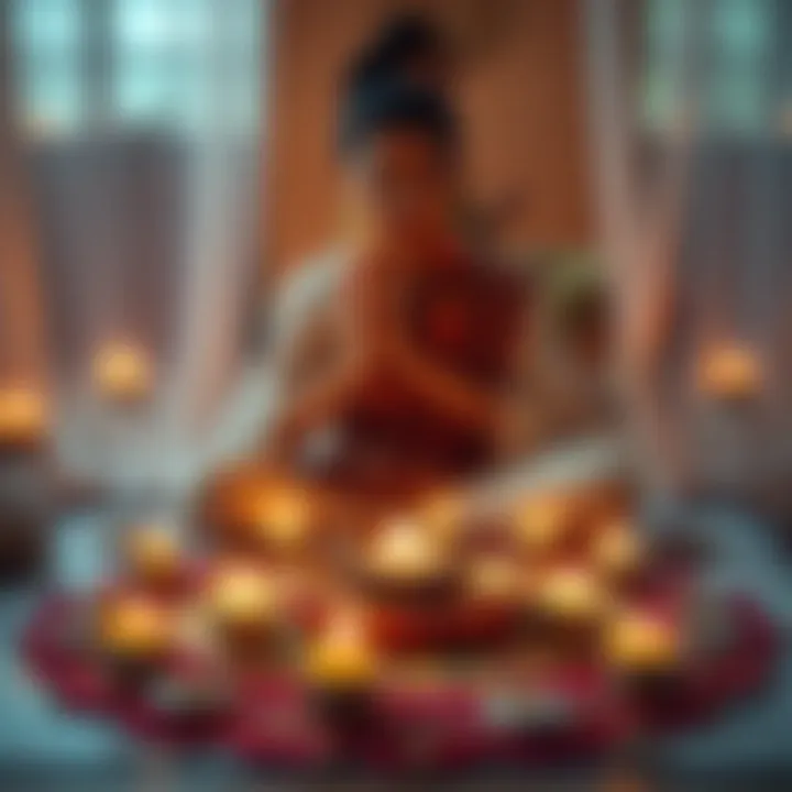 A person performing mandala offerings with colorful objects and candles in a serene setting