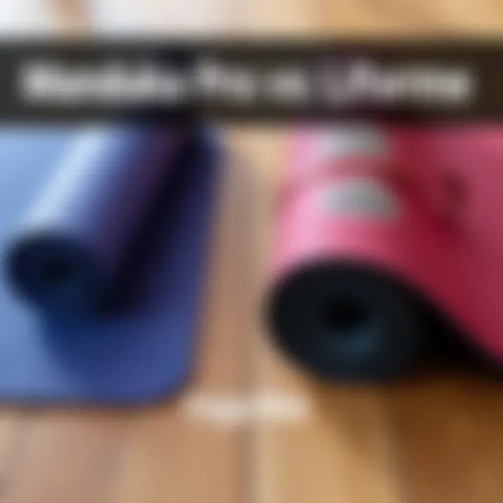 A comparison between Manduka Pro and Liforme yoga mats shown side by side on a wooden floor, highlighting their textures and colors.