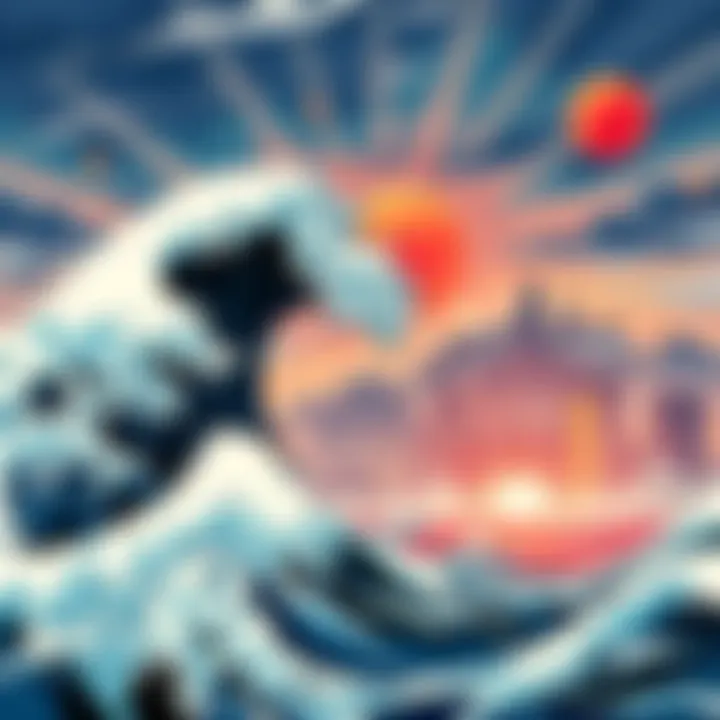 Illustration showing a dramatic scene of Japan with waves crashing and a city skyline, symbolizing fear of a natural disaster