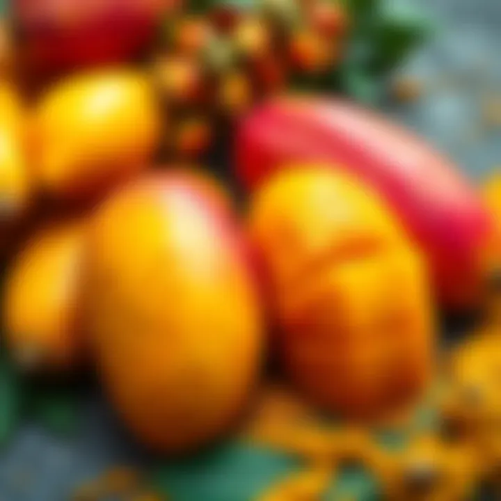 A colorful arrangement featuring ripe mangos alongside mustard, symbolizing their cultural connections and significance.