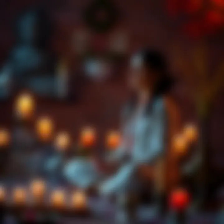 Individual sitting in a meditative pose, surrounded by candles and incense, reciting the mani mantra to seek peace and spiritual protection