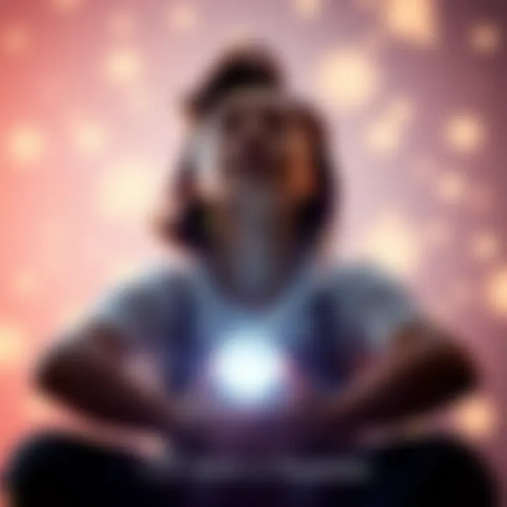 A person sitting peacefully with closed eyes, surrounded by glowing orbs representing their dreams and goals, conveying a sense of calm and focus.