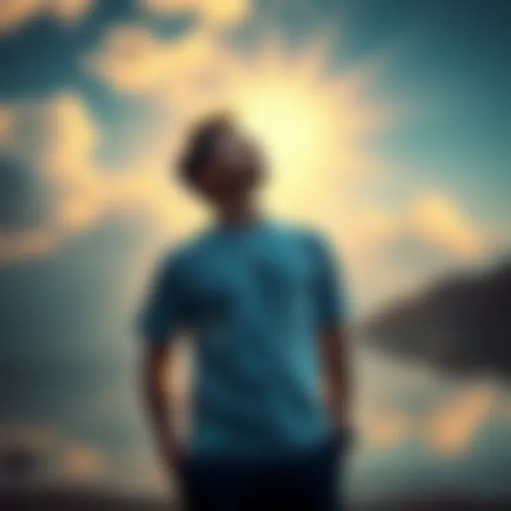 A person standing in a serene environment, visualizing their goals with a positive expression, surrounded by bright light symbolizing positive energy.