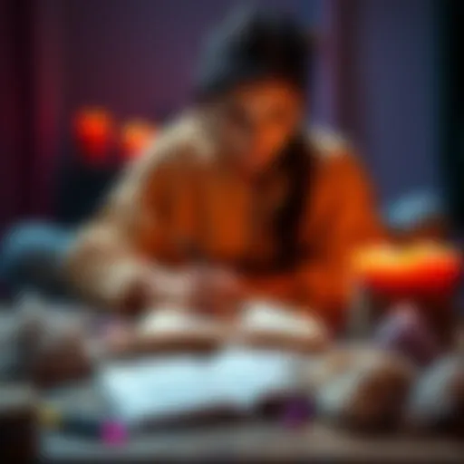 A person looking focused while writing in a notebook, surrounded by manifestation materials like crystals and candles