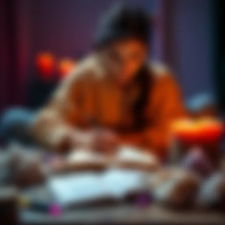 A person looking focused while writing in a notebook, surrounded by manifestation materials like crystals and candles