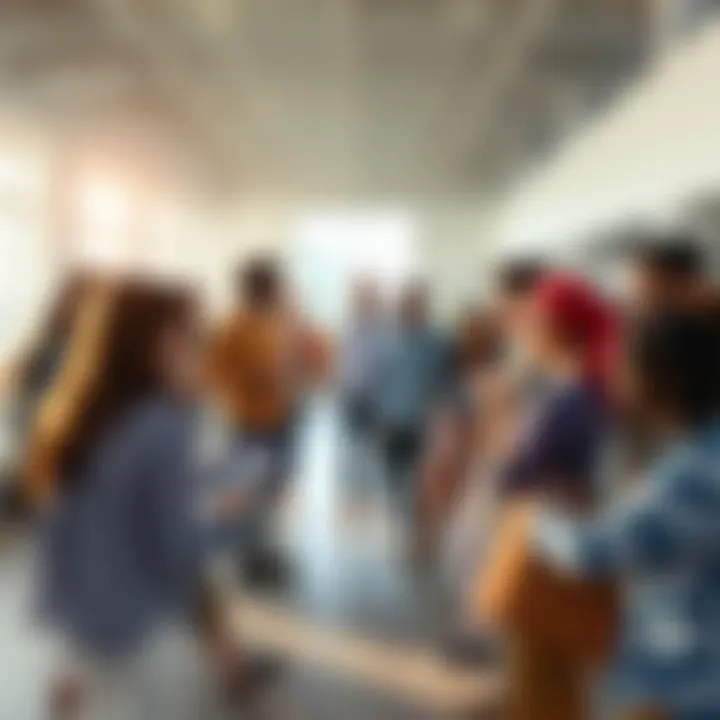A group of diverse people sharing their success stories and experiences about manifestation in a bright, open space