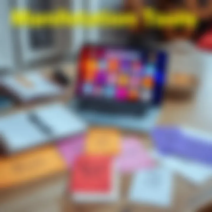 A collection of manifestation tools including a notebook for scripting, a digital vision board on a laptop, and colorful affirmation cards spread on a table.