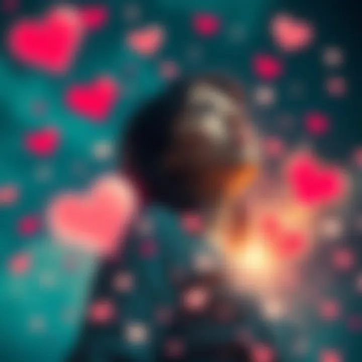 A hopeful woman imagining a romantic connection, with light and love symbols around her