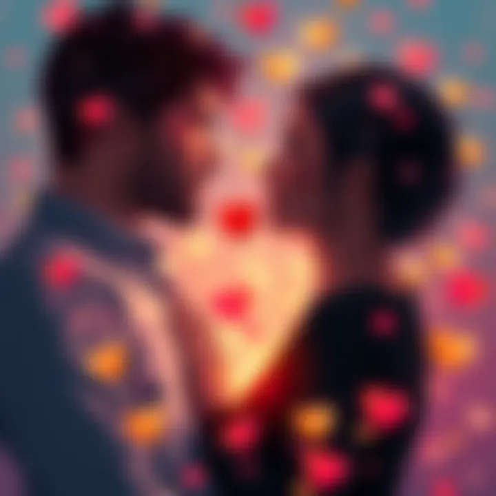 A couple sharing a moment of connection, surrounded by symbols of love and positive thoughts.