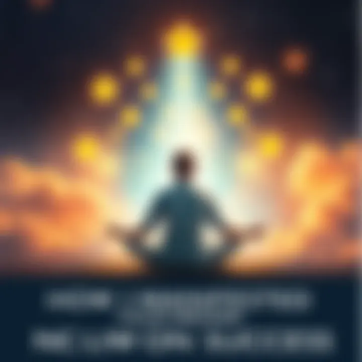 A person sitting cross-legged in meditation surrounded by symbols of dreams like stars, a house, and a car, representing the power of the Law of Attraction