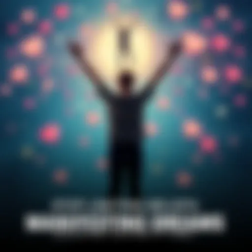 A person standing confidently with arms raised, surrounded by positive symbols like hearts and stars, representing success and manifestation.