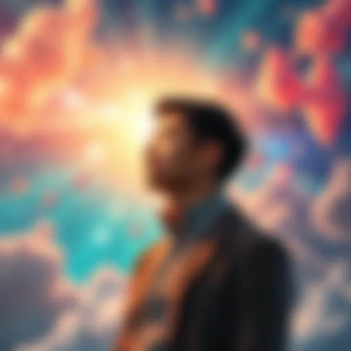 A person visualizing dreams of fame, wealth, and health with a vibrant background of possibilities