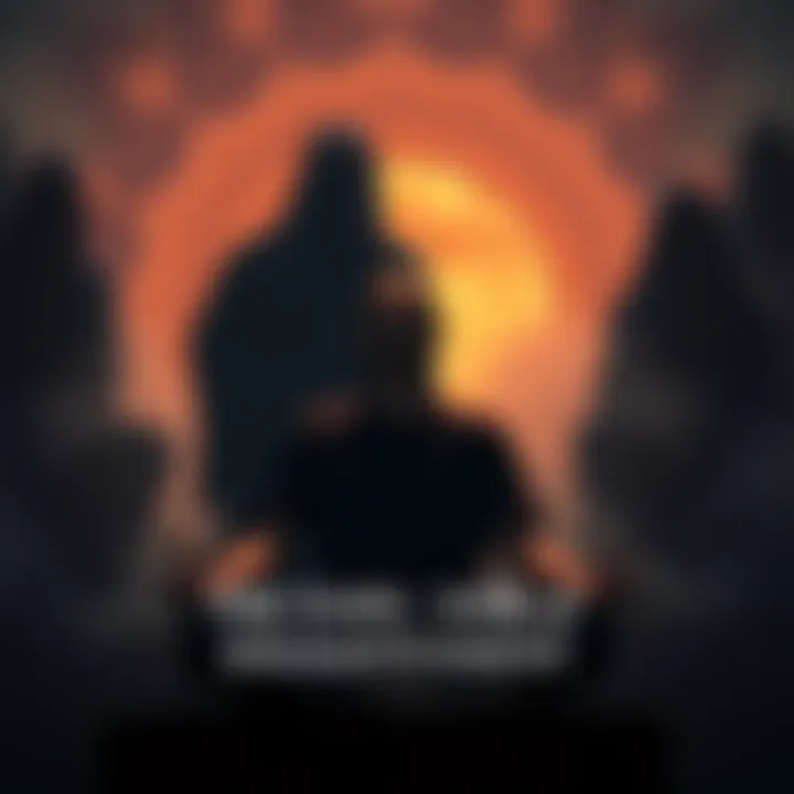 A person in a meditative pose with shadowy figures surrounding them, representing the contrast between enlightenment and toxic behavior.