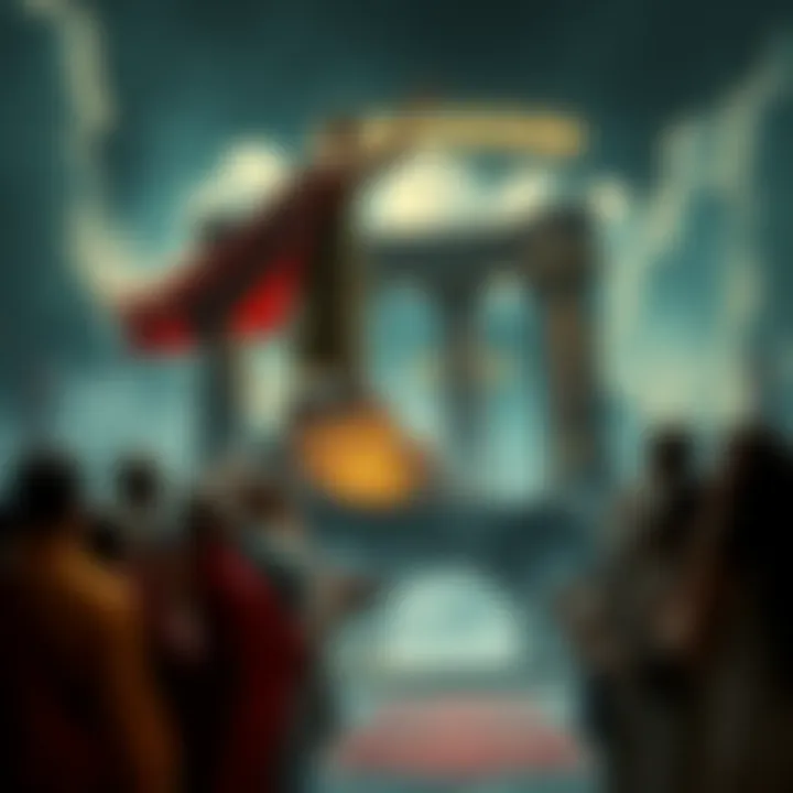 Manipulative Power Dynamics An ancient figure standing atop a pedestal, surrounded by people looking up in admiration, symbolizing manipulation and influence through claims of truth.