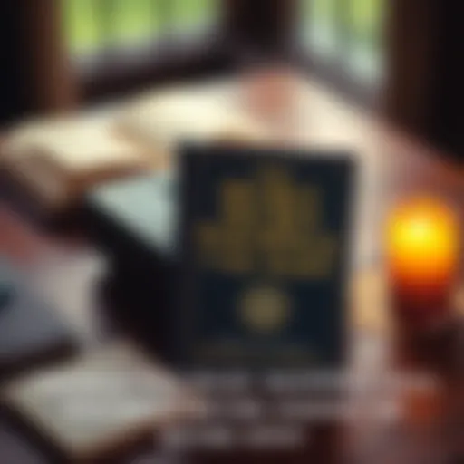 A close-up of Manly P Hall's book 'Secret Teachings of All Ages' on a wooden table, with a candle and notebook beside it