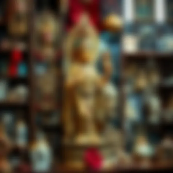 A traditional Mano De Orula statue displayed in a spiritual shop in New York City, with various spiritual items around it.