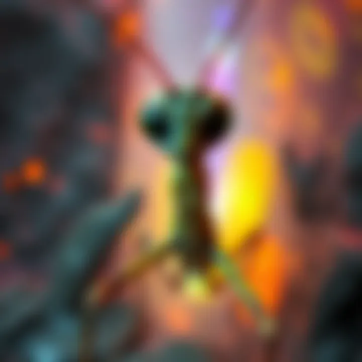 Mantid Alien Encounter A portrayal of a Mantid alien figure with large eyes and a slender body, surrounded by a colorful backdrop that represents a DMT experience.