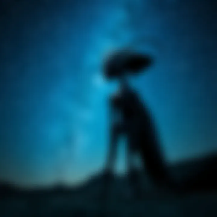 A Mantid figure stands under a vast starry sky, symbolizing the exploration of abductee experiences related to war and conflict.