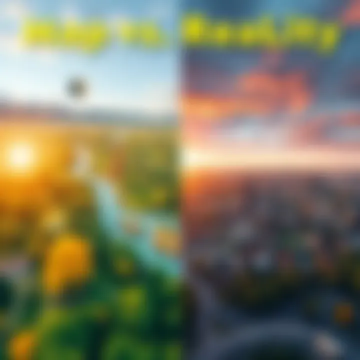 A side-by-side comparison of a colorful map and a real-world landscape showing a contrasting view of nature and urban life