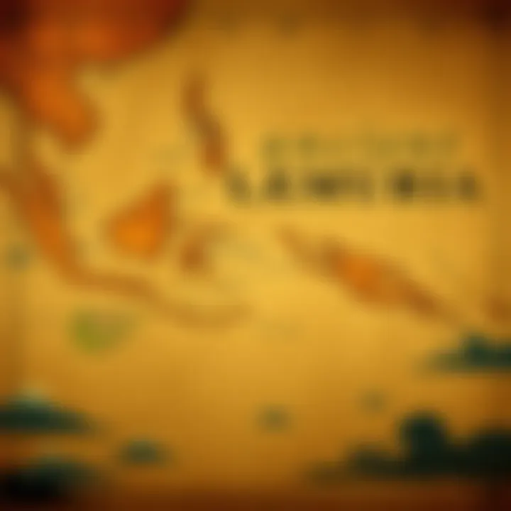 A vintage map showing the supposed location of Lemuria in the Indian Ocean, highlighting connections to ancient texts and civilizations, with waves and landforms depicted