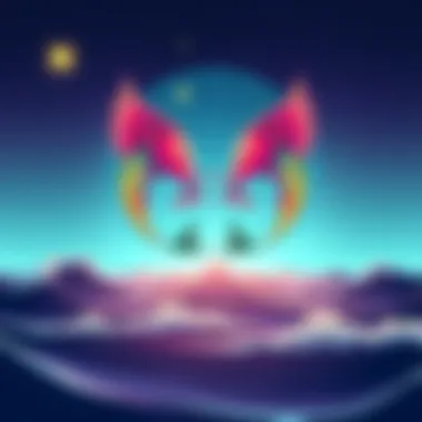 A colorful illustration of a Pisces symbol with a backdrop of stars and ocean waves, representing loyalty and daydreaming traits.