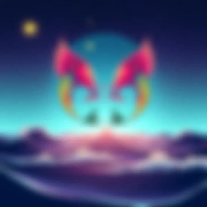 A colorful illustration of a Pisces symbol with a backdrop of stars and ocean waves, representing loyalty and daydreaming traits.
