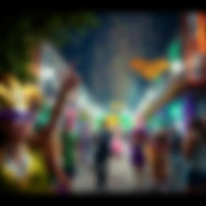 A lively street during Mardi Gras filled with colorful floats, costumed participants dancing, and confetti in the air.