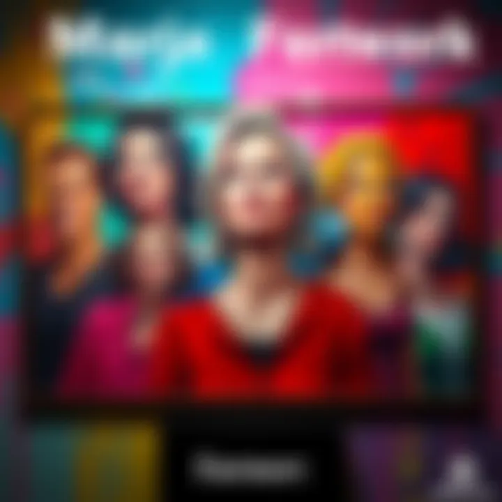 A vibrant display of Maria Farmer's artwork featuring various characters, with one character resembling Meghan McCain, set against a colorful background.