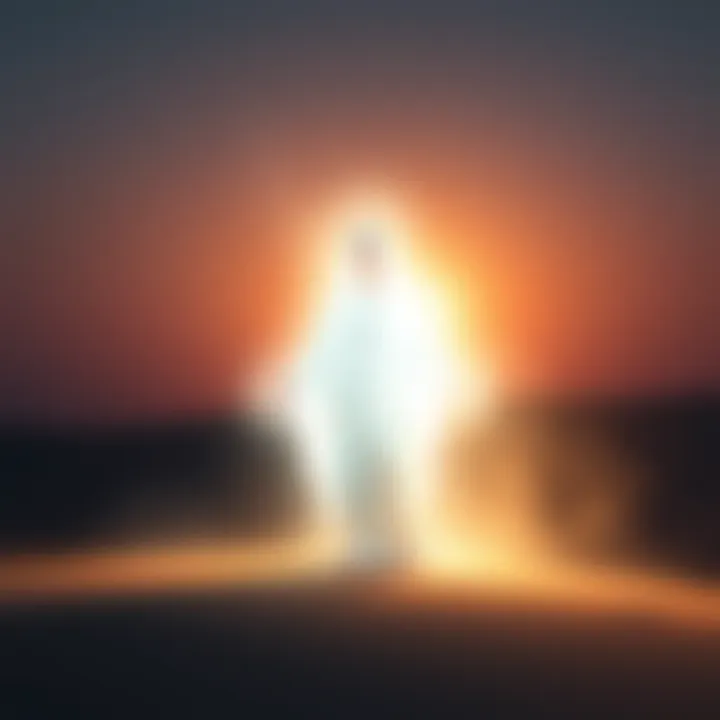 A serene image of a glowing figure resembling a woman in white, surrounded by soft light in a desert setting, symbolizing the Marian apparitions in Egypt.