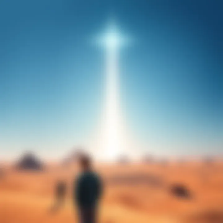 A serene scene featuring a bright light in the sky over a desert landscape with people gazing upwards in awe beneath a clear blue sky.