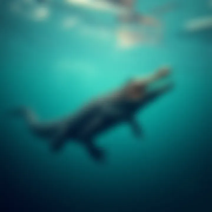A crocodilian-like creature swimming in the ocean, showcasing possible gills and adaptations for underwater living.