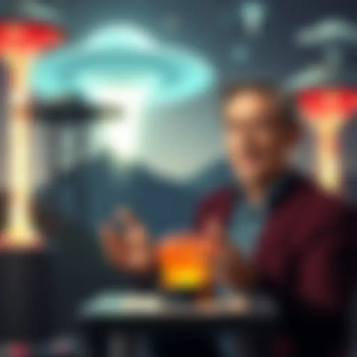Mark Bean in front of a Tesla coil and UFO imagery discussing theories on science and antigravity