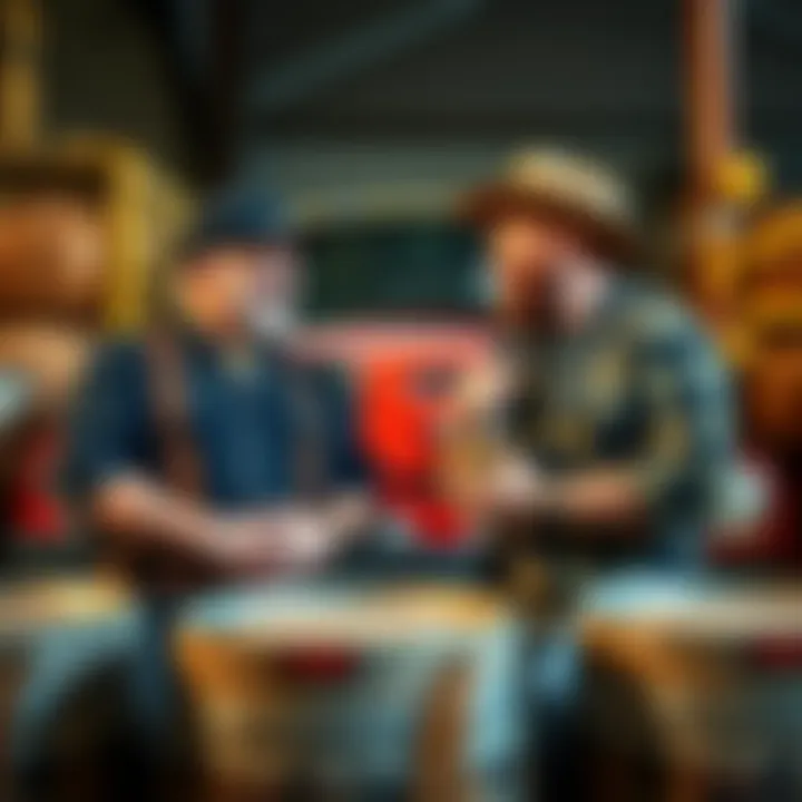 Mark and Digger share a laugh while discussing the GNS controversy on set, surrounded by moonshine barrels and equipment.