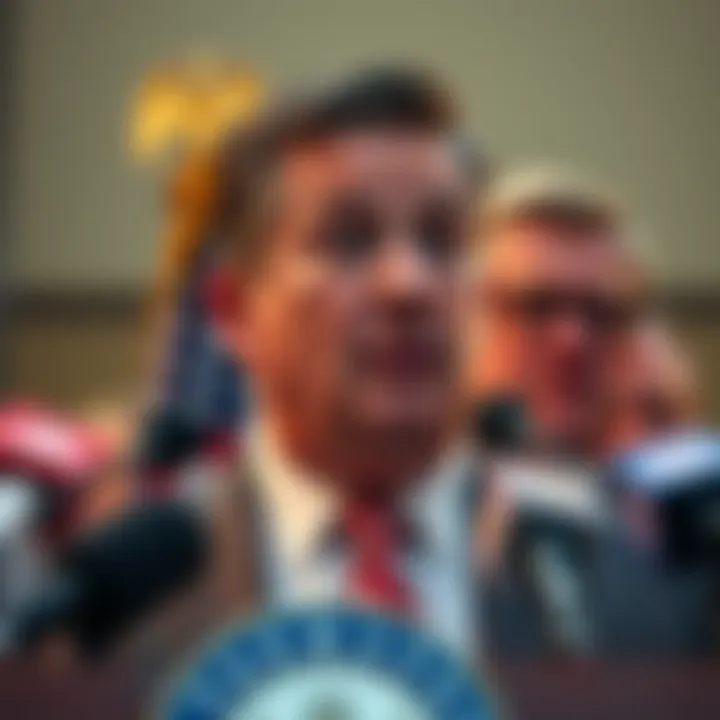 Markwayne Mullin at a podium Senator Markwayne Mullin speaking at a press conference regarding the Megobari Act and campaign contributions.