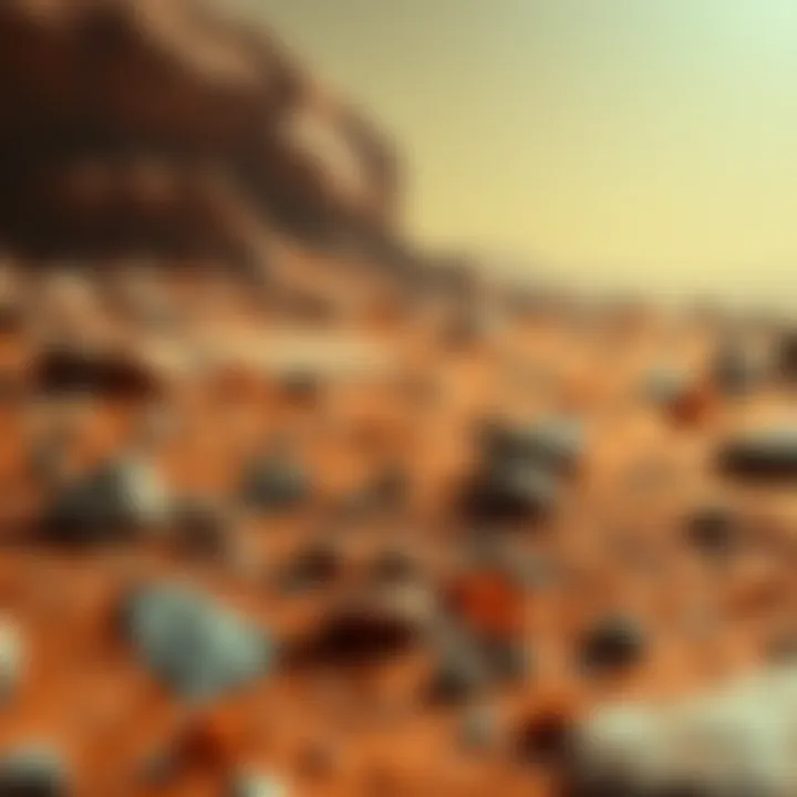 A close-up view of the Martian surface showing rocks and soil, with a suggestion of ancient microbial life embedded within the landscape