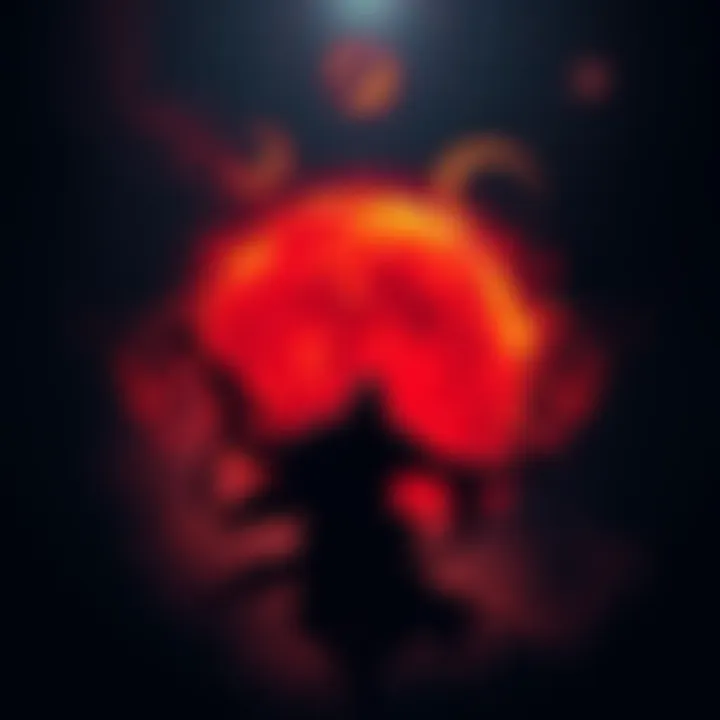 A cosmic representation showing Mars in red and Rahu, a shadowy figure, entwined to symbolize their intense energy dynamics in the universe.