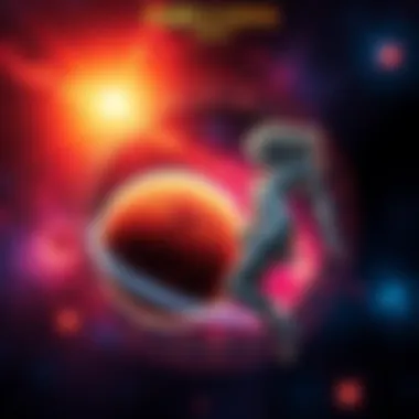 An illustration of Mars and Venus in conjunction during the cazimi state, with a cosmic background representing astrological symbols.