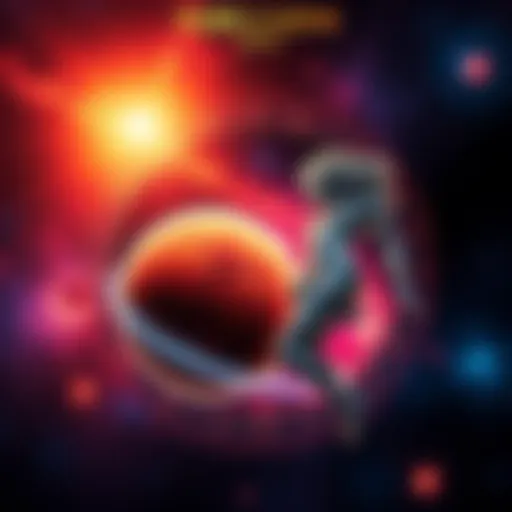 An illustration of Mars and Venus in conjunction during the cazimi state, with a cosmic background representing astrological symbols.