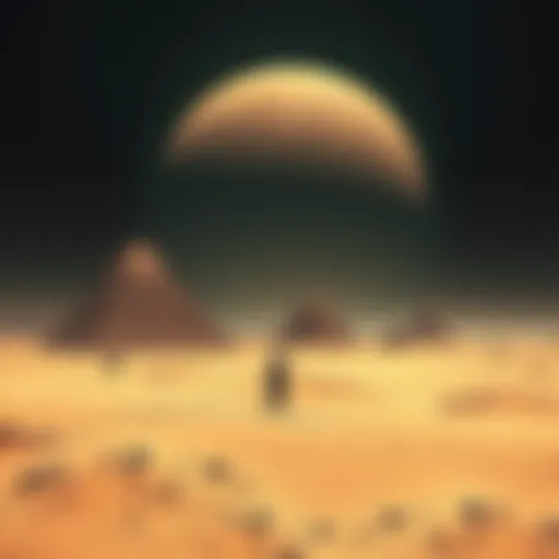 An artist's representation of ancient Mars showing pyramids and tall beings in a desert-like landscape with a dark sky