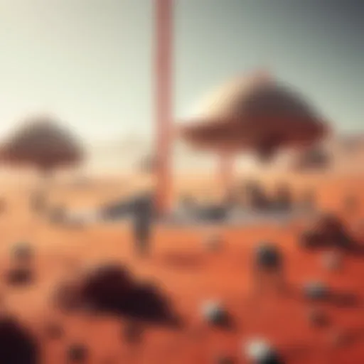 A futuristic depiction of humans building structures on the surface of Mars, with robots assisting in the process.
