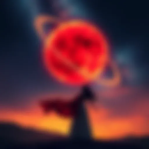 A depiction of Mars symbolizing passion and conflict in relationships, with imagery of a couple balancing independence and partnership under a starry sky