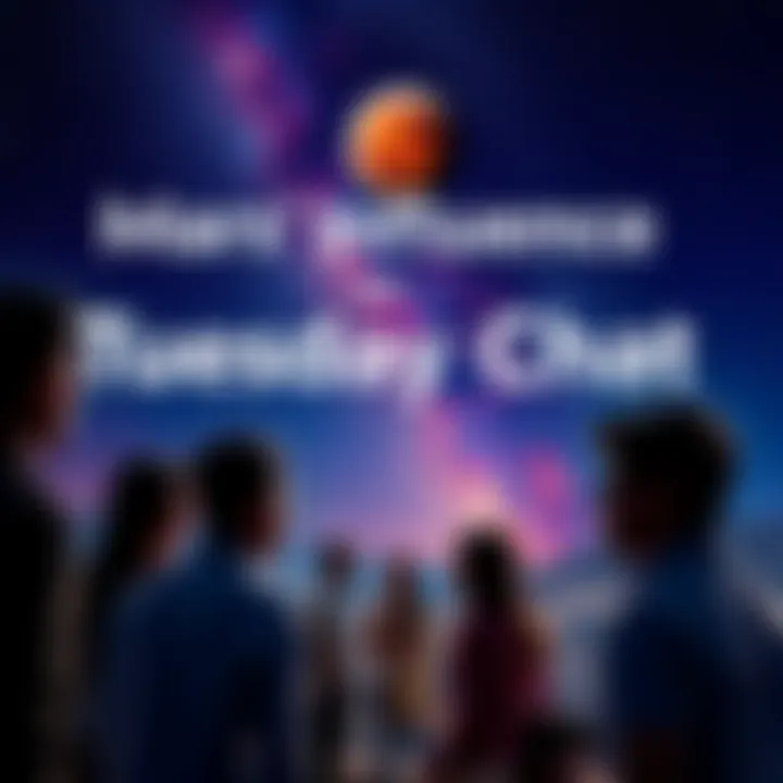 Mars Influence on Tuesday Chat A lively discussion scene with people chatting under a starry sky featuring the planet Mars.