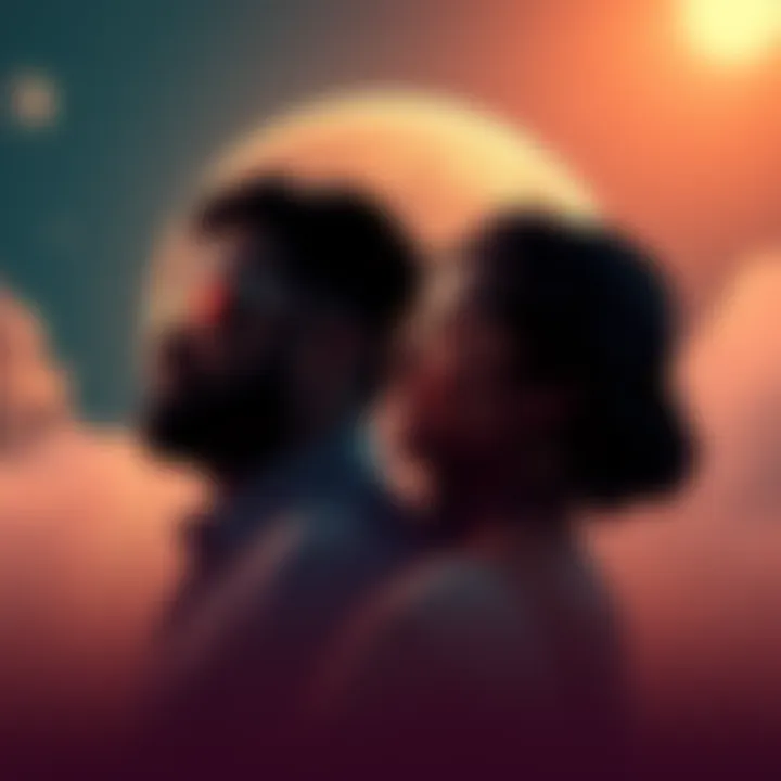 A graphic showing Mars symbolically influencing personal traits of partners, with a couple in the foreground reflecting Martian qualities like passion and assertiveness.