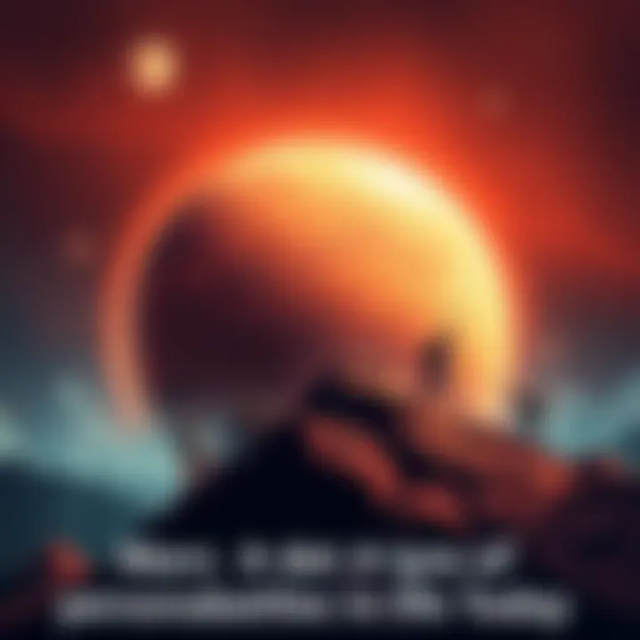 Illustration of Mars with a background showing various personal challenges like a person climbing a mountain and another overcoming obstacles, representing daily battles in life.