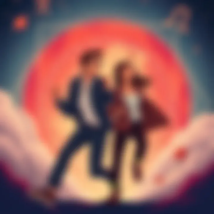 An illustration showing two people, one confidently pursuing the other in a dating scenario, with Mars symbols in the background representing astrological signs.
