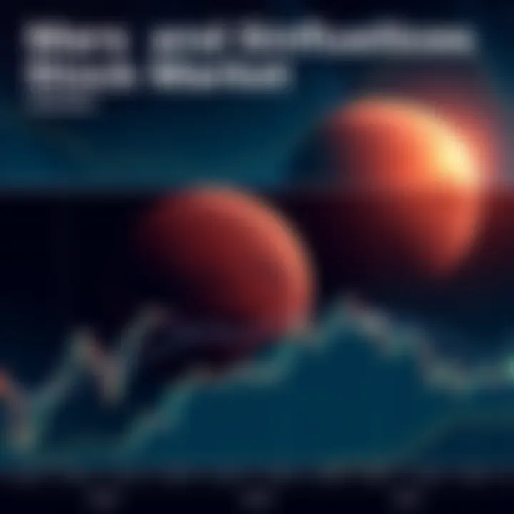 Mars and Stock Market Correlation An illustration showing a graph of stock market trends alongside a depiction of Mars in the night sky, highlighting the connection between celestial events and economic shifts.