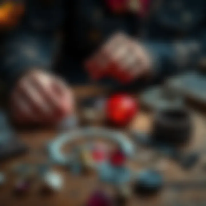 A person crafting a Mars talisman using various materials like crystals and metal charms on a wooden table