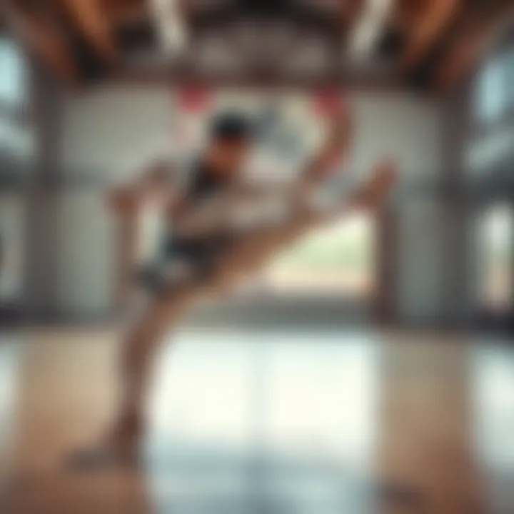 Martial artist practicing left hand path techniques A martial artist demonstrating left hand path techniques in a dojo setting, showcasing focus and balance while performing a kick.