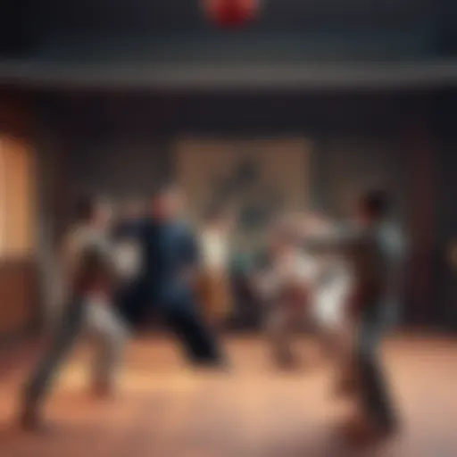 A group of students practicing martial arts techniques with a teacher in a traditional setting, reflecting early training methods before the 1950s.